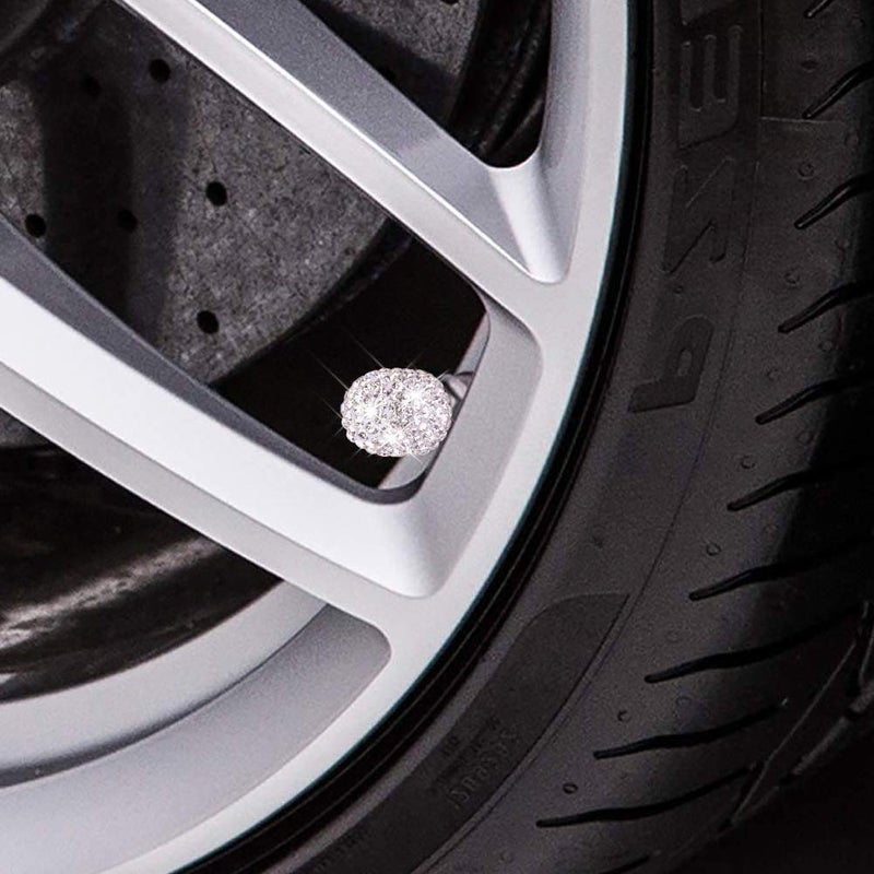 DBlosp Valve Stem Caps, 4 Pack Handmade Crystal Rhinestone Universal Car Tire Valve Caps Chrome,Attractive Dustproof Bling Car Accessories - White - Image 2